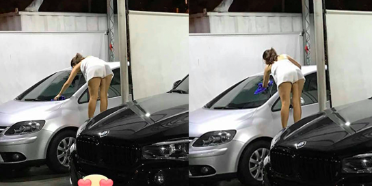 短褲妹「翹屁股洗車」害一旁BMW車主洗不下去！狂暴姿勢讓車友全爽翻了…