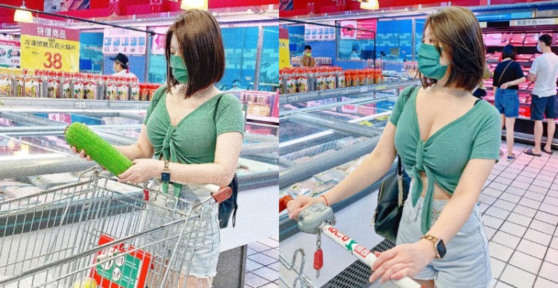 短髮巨乳妹「Judy邱比特」爆乳採購烤肉食材　手握大絲瓜沈思…