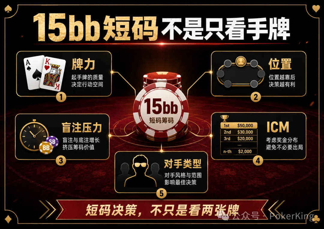 【EV扑克】决赛桌剩15bb拿到AK,推还是加注?短码决策不是看牌力,是看这五件事